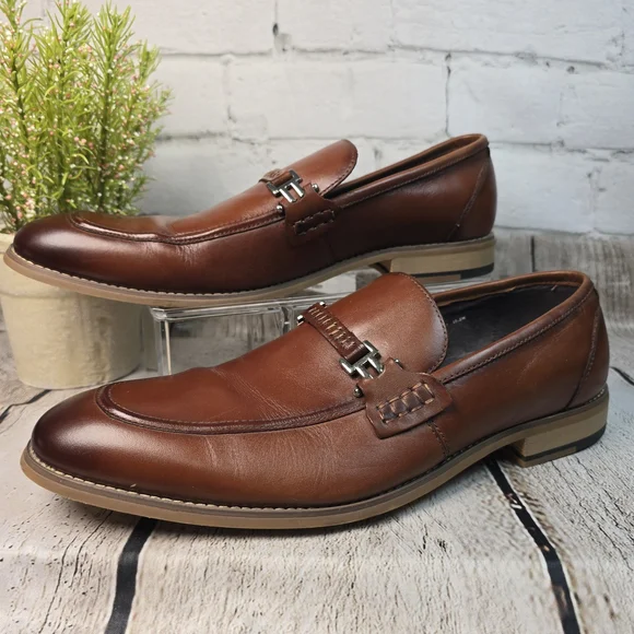 STACY ADAMS DUVAL COGNAC BROWN SOFT LEATHER MOE TOE PENNY LOAFERS MENS 10.5 EUC - Picture 5 of 12